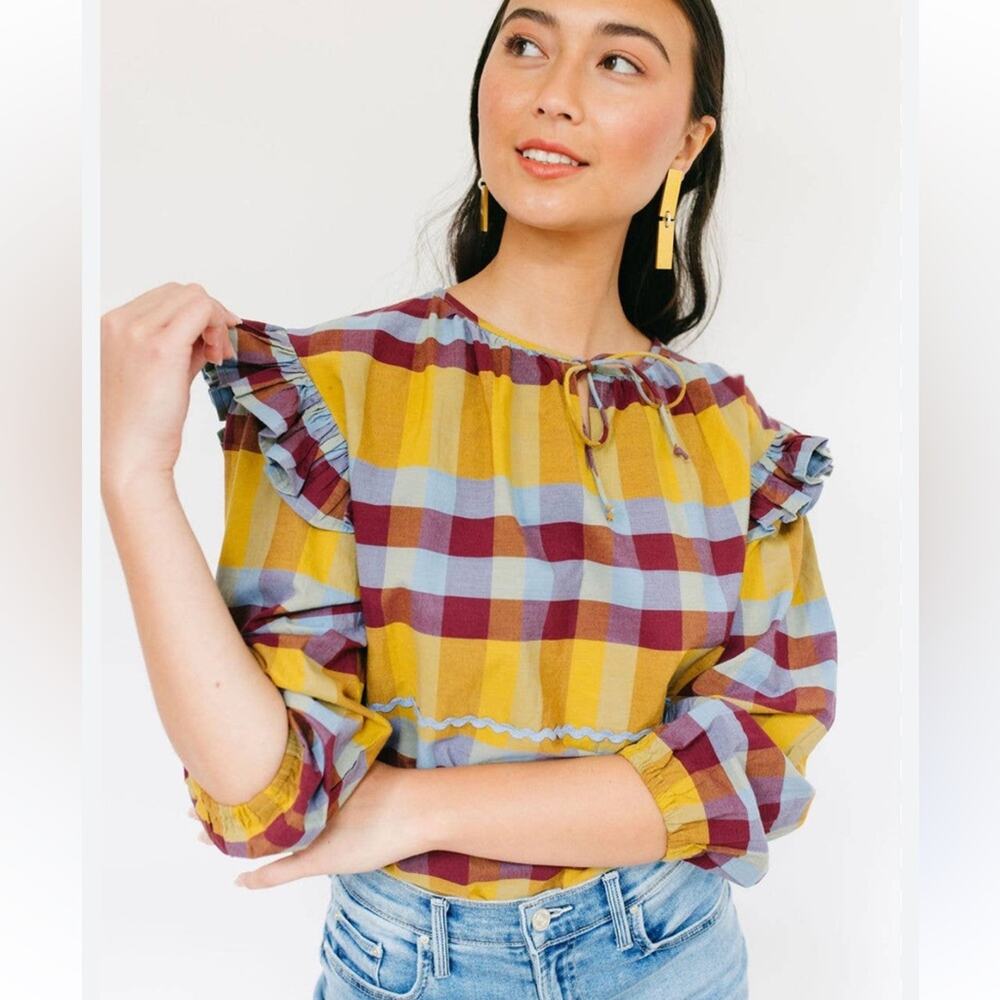 Sunshine Tienda Prickly Pear Naples Top Plaid Ruffle Shoulder Boho Folk Top Sz S